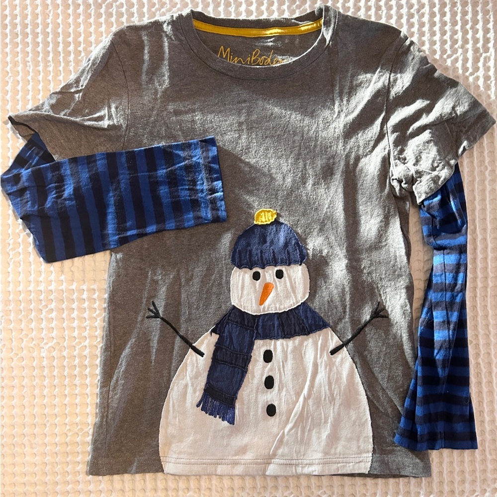 Mini Boden Gray and Yellow Snowman Appliqué Shirt